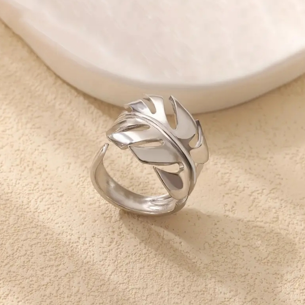 White Gold Over Titanium Leaf Ring